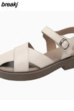 Size 35-40 Women Sandals Retro Rome Real Leather Low Heels Shoes For Women Summer 2023 Buckle Strap Platform