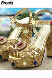 Luxury Brand Women Platform Sandals Crystal Embroidery High Heel Sandalia Feminina Buckle Strap Rhinestone Wedding