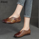 2023 New Genuine Leather Flats Women Shoes Round Toe Casual Shallow National Style Soft Handmade Concise Ladies