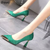High Heel Pumps Metal Pointed Stiletto Shallow Women's Gentle Black Green Shoes Spring/Autumn Sexy Zapatos Mujer De