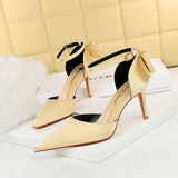 Breakj Korean Version Of Delicate High Heels Satin Hollow Shallow Mouth Tip With Hollow Bow Female