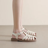 Retro Gladiator Sandals Women Cut Out Knitted Leather Shoes Ladies Ankle Strap Slippers Weave Sandalias Mujer