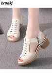 New Women's Square Heel Summer Shoes Leather Zip Gladiator Sandals Medium Heel Zip Platform Sandals High Heels