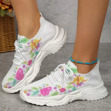 Breathable Printed Tennis Shoes Women Autumn Lace Up Platform Sports Shoes Woman Thick Sole Knitted Sneakers Plus