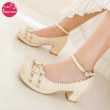 Lolita Shoes Women High Heels Vintage Hollow Flowers Ankel Strap Bow Cute Girls Princess Party Students Lovely Pumps Size