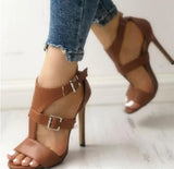 2021 Gladiator Fine Women Sandals Summer High Heels Leather Peep Toes Ankle Buckle Strap Woman Party Shoes Black Sandalia