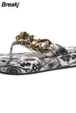 Sumer Women Colorful Graffiti Printed Platform Flip Flops Golden Chain Casual Sandals Ladies Beach Shoes Outdoor