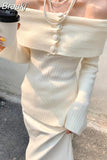 Shoulder Y2k Knitted Sweater Women Casual Long Sleeve Elegant Pullover 2023 Autumn Pure Color Korea Fashion Tops Female