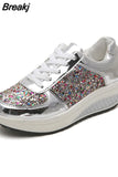 Fashion Sequin Casual Shoes for Women Breathble Lace-Up Sneakers Women Vulcanized Shoes Luxury Women Swing Platform