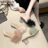 Shoes Transparent Crystal High Heels Woman Feather Fur Slippers Pumps Women Peep Toe Lady Cute Plush Slippers