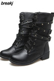 New Winter Women Buckle Motorcycle Boots British Style Gothic Punk Low Heel Black Botas Mujer Shoe Plus