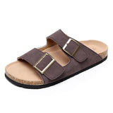 Summer New Men's Cow Suede Leather Mule Clogs Slippers High Quality Soft Cork Two Buckle Slides Footwear For