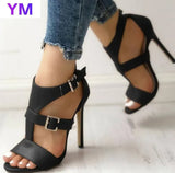 2021 Gladiator Fine Women Sandals Summer High Heels Leather Peep Toes Ankle Buckle Strap Woman Party Shoes Black Sandalia