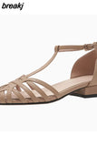 Size 34-39 Women Flats Sandals Genuine Leather T-Strap Ladies Shoes Designer Low Heels Summer Sandalias Ladies