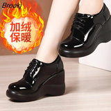 Size 32-43 Platform Wedges Shoes Women Patent Leather Shoes 2021 Fall Winter High Top High Heels Shoes Ladies Fur