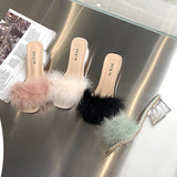 5CM Summer Fluffy Peep Toe Sexy High Heels Women Shoes Fur Feather Lady Fashion Wedding Slip-On Square Toe Women