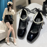Shoes for Women Elegant Heeled Shoes Bow Square Toe Black High Heels Thick Heel Wedding Party Pearl Lace Mary Jane