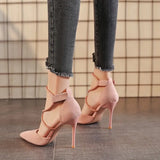 Breakj High Heels Women 2025 Autumn New Word Cross With Roman Sandals Velvet Fine Heel High Heels Women's