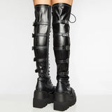 Over-the-knee Boots Women Platform Heels Belt Buckle Boot Motorcycle Goth Shoe Thigh High Flat Boots Plus Size 42