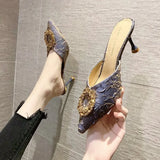 Breakj Women Wear Half-Slippers Women 2025 New French Water Drill High Heels Thin Heel Head Cool Drag
