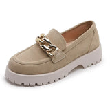 Size 34-42 Casual Loafers For Women Real Leather Flats Platform Shoes Fashion Chain Chunky Heel Ladies Retro