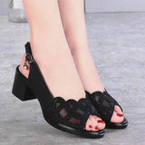 Women's Sandals Summer Mesh Fish Mouth Chunky Heel Semi-High Heeled Hollow Out Soft Bottom Mom Shoes Zapatos Para