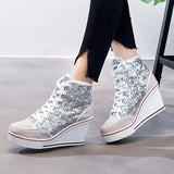 Spring Autumn Women's Shoes Pink Black Silver Glitter Vulcanize Shoes Woman Platform Wedge Sneakers Casual Zapatos De
