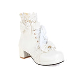 Womens Chunky Platform Ankle Boots Lolita Med Heel Lace Up Boots Sweet Bow Pearl Back Back Zipper Party Cosplay Shoes Pink