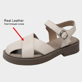 Size 35-40 Women Sandals Retro Rome Real Leather Low Heels Shoes For Women Summer 2023 Buckle Strap Platform
