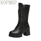 Women 7CM High Heel Boots Black Casual Mid Tube Knight Boots Round Toe Zipper Boots Autumn Winter Leather Warm Boots Size