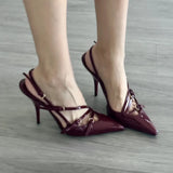 New Patent Leather One Word Buckle Cat With Baotou Sandals Women's Black Silk Pointed High
