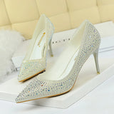 Breakj Korean Version Of Fashion Banquet Women's Shoes Thin Heel Shallow Mouth Pointed Head Sexy Show Thin Water Diamond Color Diamond High Heel Single