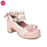Women Lolita Shoes Vintage Cute Lace Bowknot High Heel Platform Sweet Ladies Pumps Girls Princess Kawaii Wedding Party