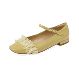Spring Autumn Full Real Leather Sweet Lolita Shoes Square Toe Ruffles Pearls Buckle Strap Chuncky Heels Elegant Party