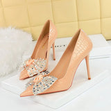 Breakj Korean Version Of Fashion Banquet High Heels Fine Heel Super High Heel Shallow Mouth Pointed Water Diamond Bow Single Shoe