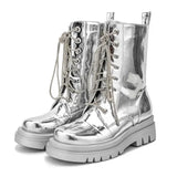 Women Silver Short Boots Belt Buckle Rhinestone Cross Strap Women's Mid Calf Boots Platform Motorcycle Martin Boots Trend