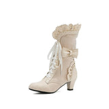 Winter Girls Lolita Faux Suede Mid-Calf Boots High Heel Ruffle Trim Japanese Princess Cosplay Party Shoes Vintage Sweet