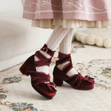 JK Fairy Lolita Shoes Flock Gold Velvet Bow Platform Mary Jane Cross Strap Pumps Gladiator Cosplay Party Red Green