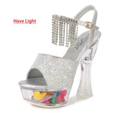 14CM Thick Heel Shoe LED Luminous Transparent Platform Diamond Tassels Sandals For Women Light Up Glowing Pole Dance