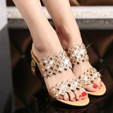 Hot Summer Elegant Fashion Women Casual Shoes Thick with Sandals Peep-toe Beach Shoes Mid Heel Bright Gold Silver 4
