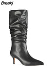 Women Mid-Calf Boots Sexy Solid Color Leather Folds Boots Pointed Toe Thin Heels Stiletto Party Shoes Large Size