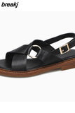 Size 34-40 Women Sandals Genuine Leather Low Heels Shoes For Women Summer 2023 Rome Retro Flats Sandal Casual