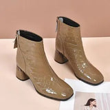 Boots Patent Leather Women's Shoes 2023 New Spring And Autumn Soft Leather Square Head Short Boots Women's Thick Heel Medium Heel Martin