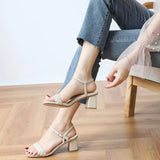 Women Sandals Female Square High Heels Pu Open Toe Lady New Summer Shoes Solid Soft Comfort Buckle