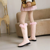 Winter Warm Women's Sweet Lolita Bowknot Boots Rabbit Fur Plush Booties Chuncky Heels Low Heel Knee High Boots Pearl