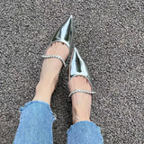 Sexy Pointed Toe Mules Woman Silver Slippers Flipfops Shoes Ladies Party Slides Crystal Belt Flats Sandals Femmes