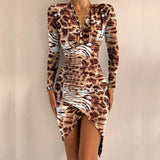 Vintage Leopard Printed Women Slim Party Dress Spring Autumn Ladies Elegant Irregular Dresses Sexy Deep V Neck Draped Slit