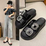 Brand Rhinestone Shoes Ladies High Heels Platform Sandals Double Buckle Band Slippers Woman Muffins Crystal FlipFlops