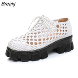 New Genuine Leather Women Shoes Spring/summer Hollow Breathable Flat Platform Shoes Woven Hole Handmade Shoes