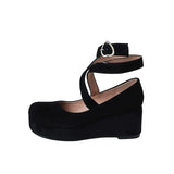 Woman's Wedges Heel Lolita Roman Shoes Kid Suede Real Leather Simple Elegant Mary Jane Pumps Cosplay Party Gothic Darkness